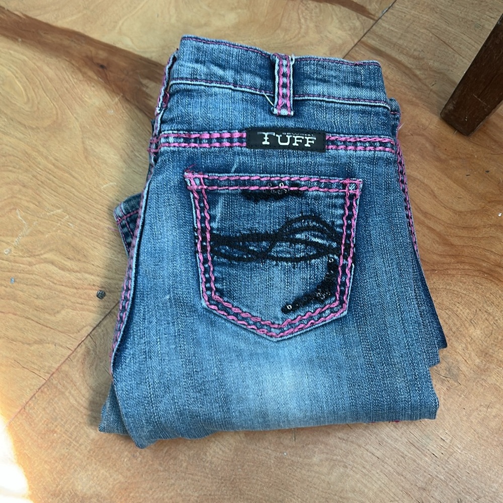 Cowgirl Tuff Blue Straight Leg Low Waist Jeans with Pink Embroidery